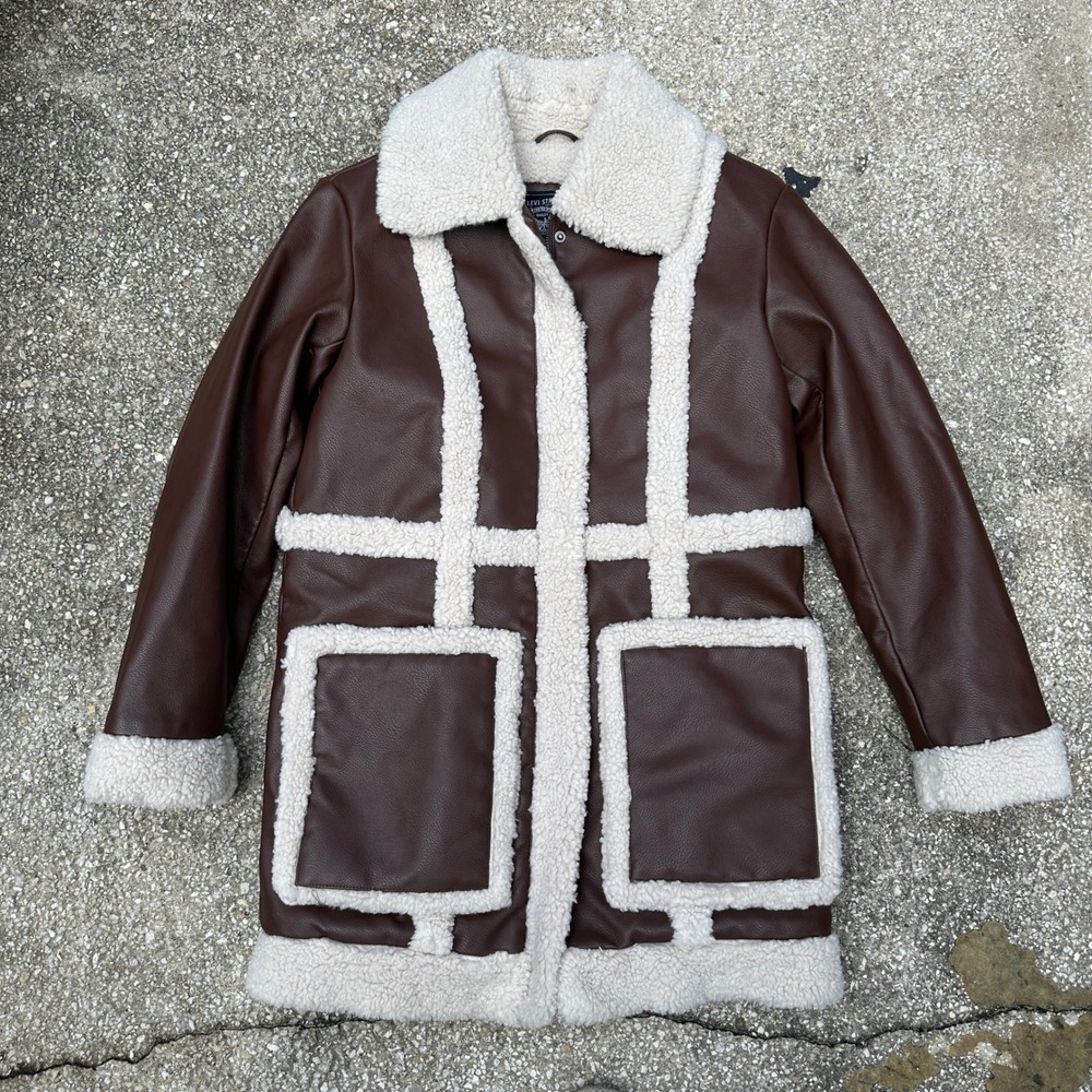 Levis Faux Leather Shearling Lined Long Coat Brown XS RN 54163